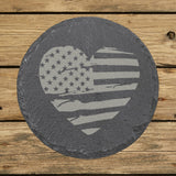 Round slate coaster laser engraved with an American flag, heart design