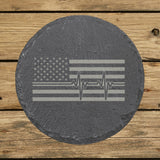 Round slate coaster laser engraved with an American flag, heartbeat design