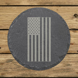 Round slate coaster laser engraved with an American flag, vertical design