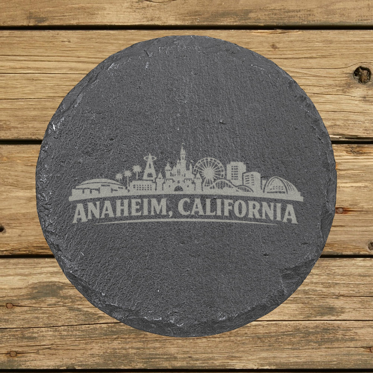 Round slate coaster laser engraved with the Anaheim, California skyline