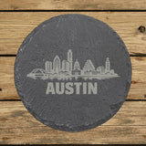 Round slate coaster laser engraved with the Austin, Texas skyline