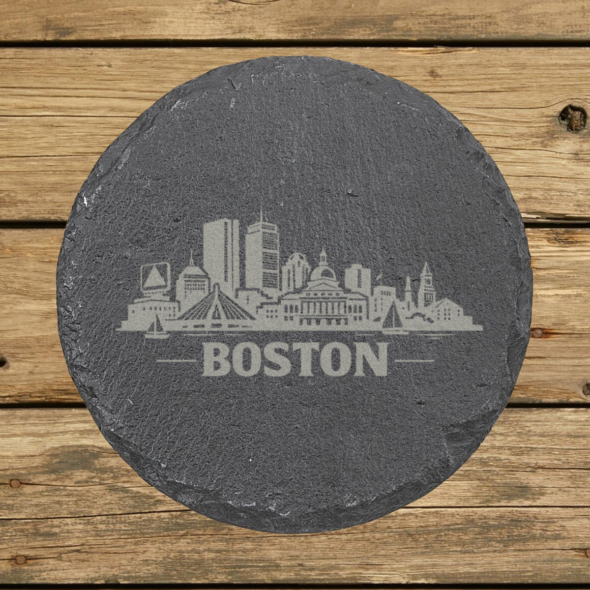 Round slate coaster laser engraved with the Boston, Massachusetts skyline