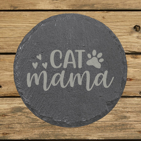 Round slate coaster laser engraved with "Cat Mama"