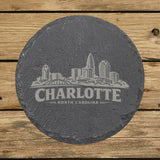 Round slate coaster laser engraved with the Charlotte, North Carolina skyline