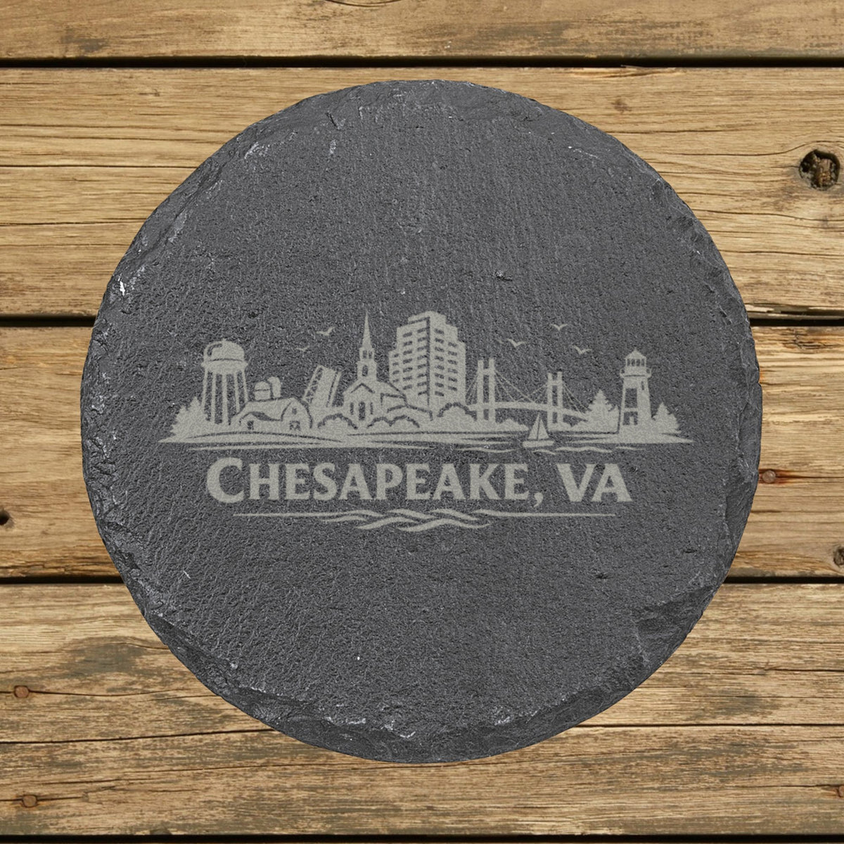 Round slate coaster laser engraved with the Chesapeake, Virginia skyline