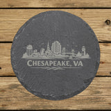 Round slate coaster laser engraved with the Chesapeake, Virginia skyline