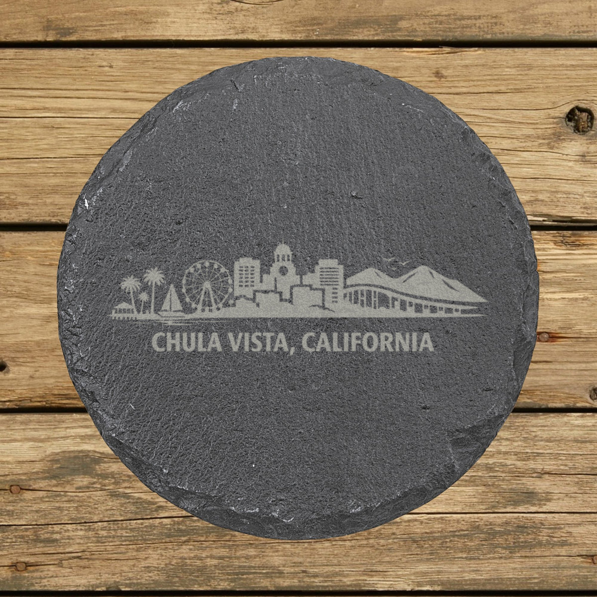 Round slate coaster laser engraved with the Chula Vista, California skyline