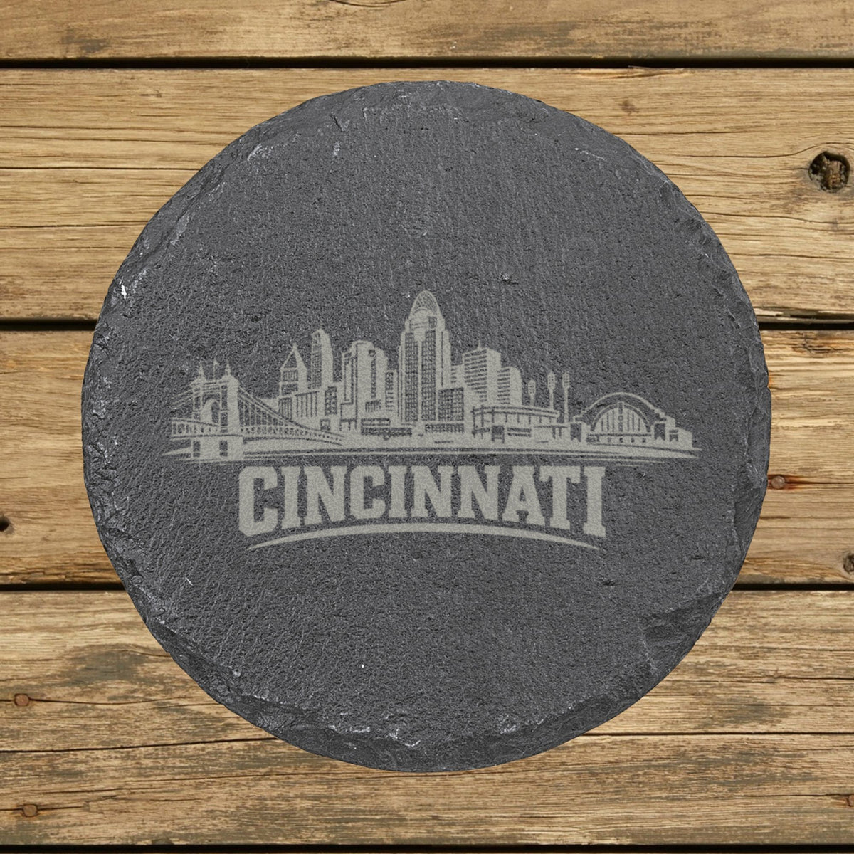 Round slate coaster laser engraved with the Cincinnati, Ohio skyline