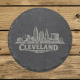 Round slate coaster laser engraved with the Cleveland, Ohio skyline