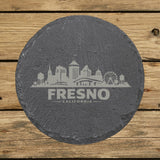 Round slate coaster laser engraved with the Fresno, California skyline