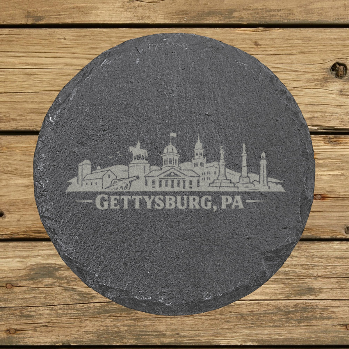 Round slate coaster laser engraved with the Gettysburg, Pennsylvania skyline
