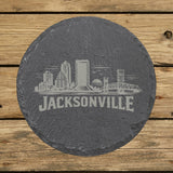 Round slate coaster laser engraved with the Jacksonville, Florida skyline