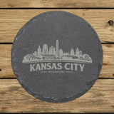 Round slate coaster laser engraved with the Kansas City, Missouri skyline