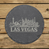 Round slate coaster laser engraved with the Las Vegas, Nevada skyline