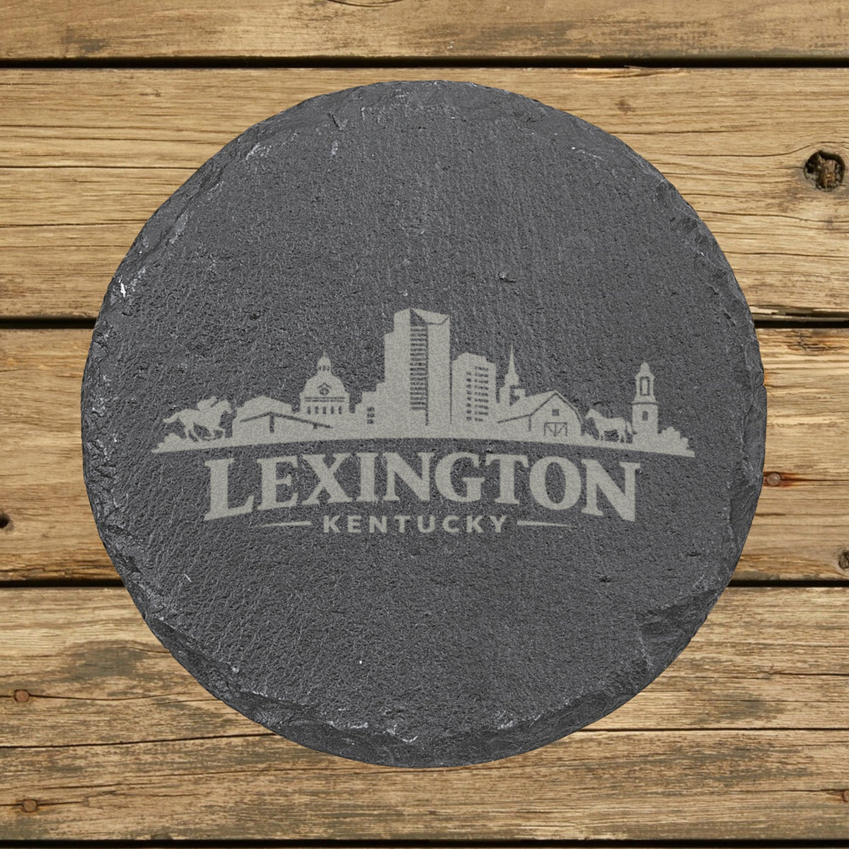 Round slate coaster laser engraved with the Lexington, Kentucky skyline