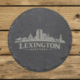 Round slate coaster laser engraved with the Lexington, Kentucky skyline