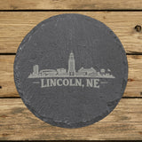 Round slate coaster laser engraved with the Lincoln, Nebraska skyline