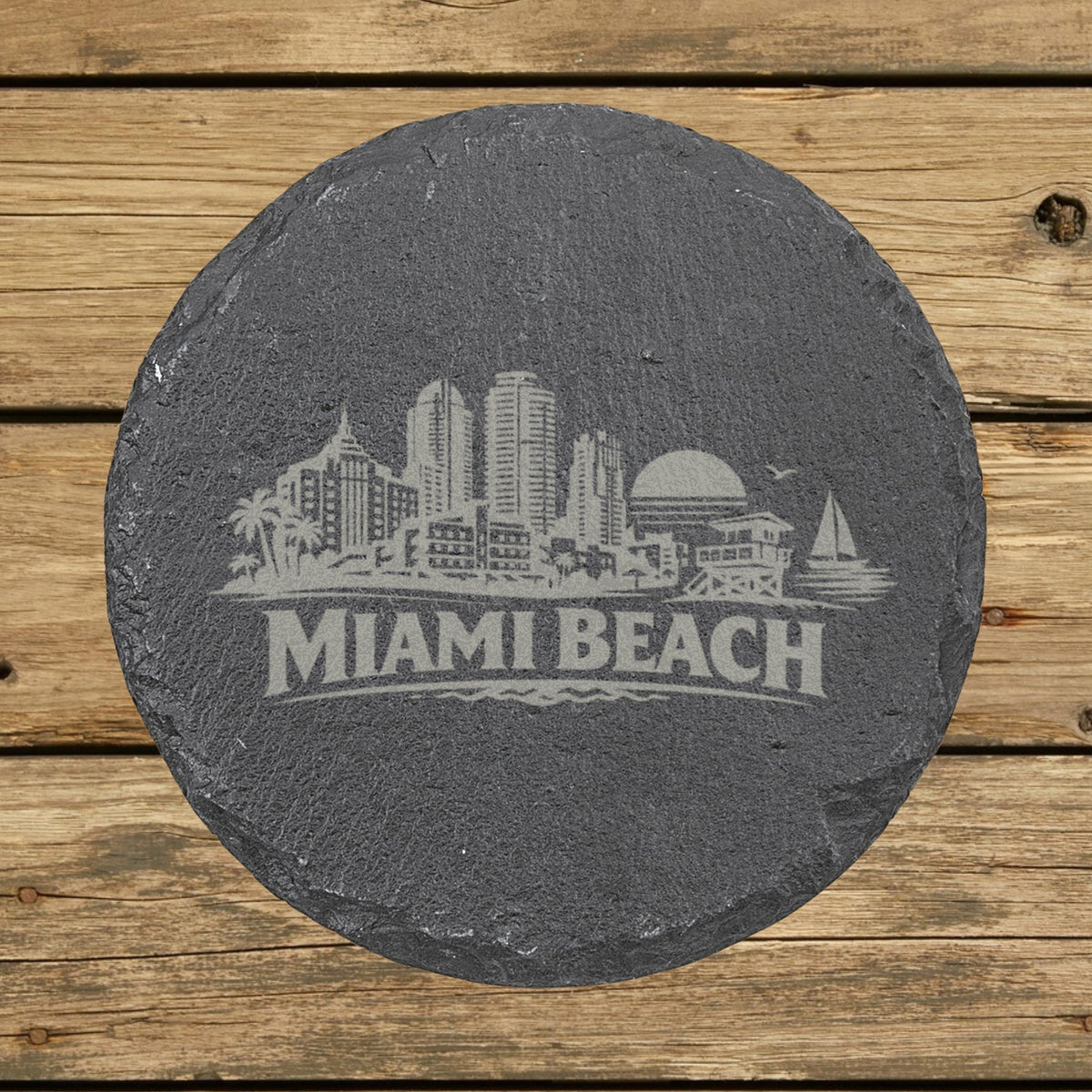 Round slate coaster laser engraved with the Miami Beach, Florida skyline