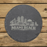Round slate coaster laser engraved with the Miami Beach, Florida skyline