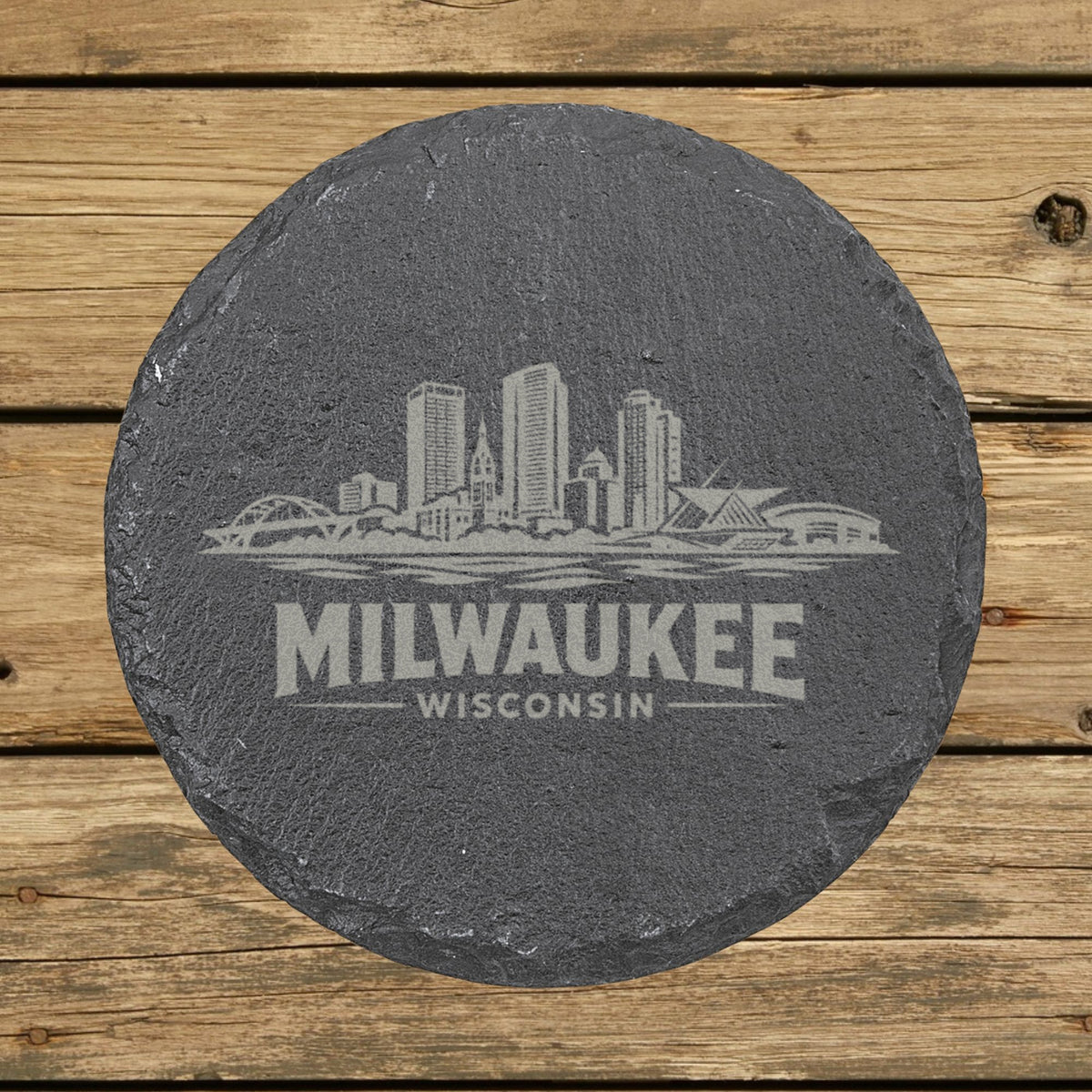 Round slate coaster laser engraved with the Milwaukee, Wisconsin skyline