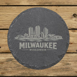 Round slate coaster laser engraved with the Milwaukee, Wisconsin skyline