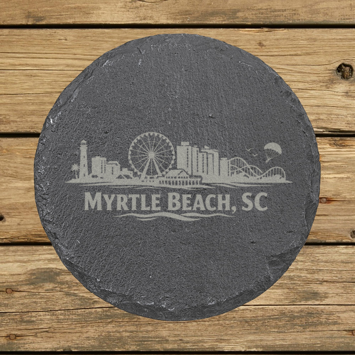 Round slate coaster laser engraved with the Myrtle Beach, South Carolina skyline