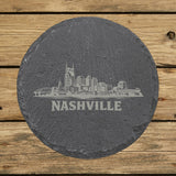 Round slate coaster laser engraved with the Nashville, Tennessee skyline