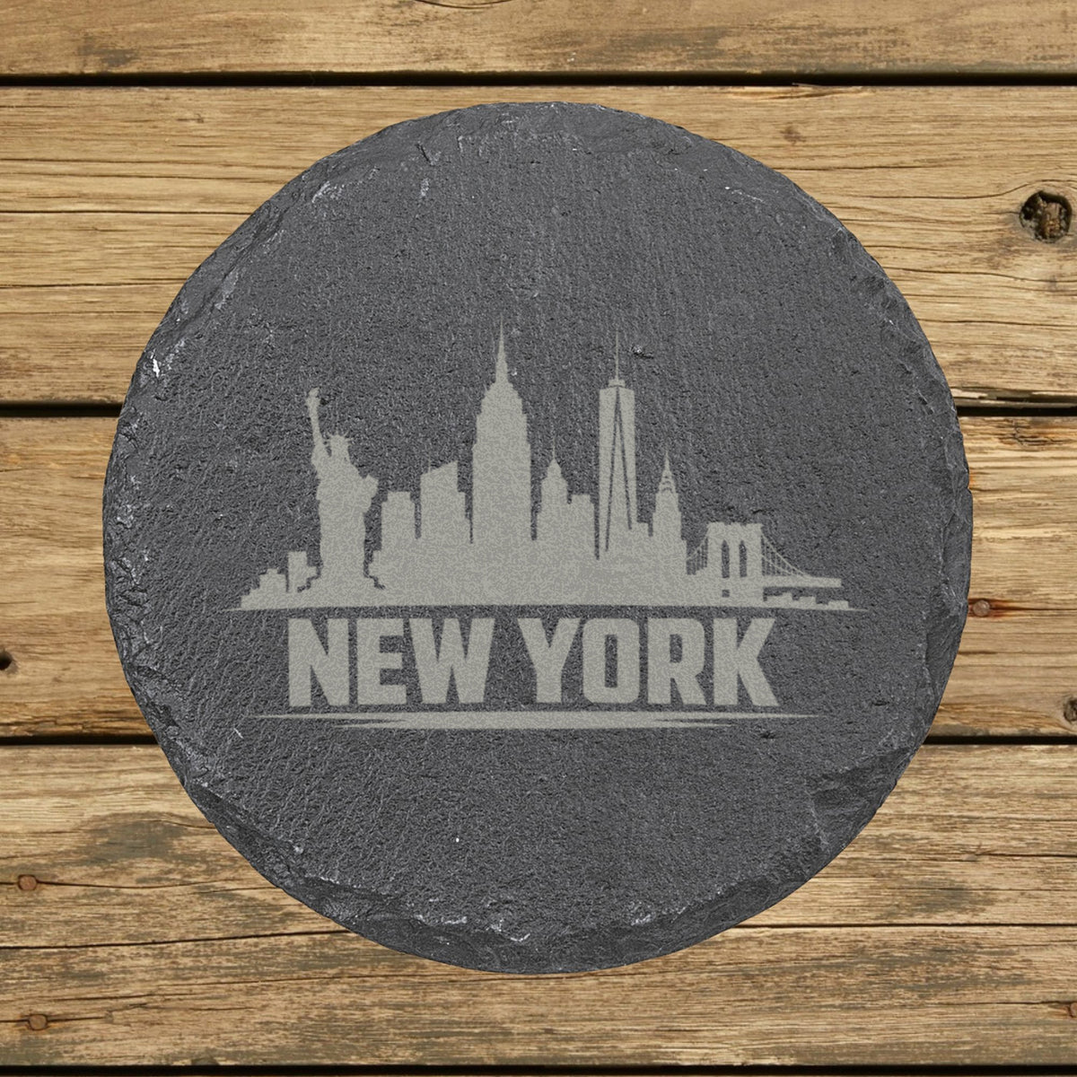 Round slate coaster laser engraved with the New York, New York skyline