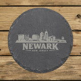 Round slate coaster laser engraved with the Newark, New Jersey skyline