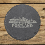 Round slate coaster laser engraved with the Portland, Oregon skyline