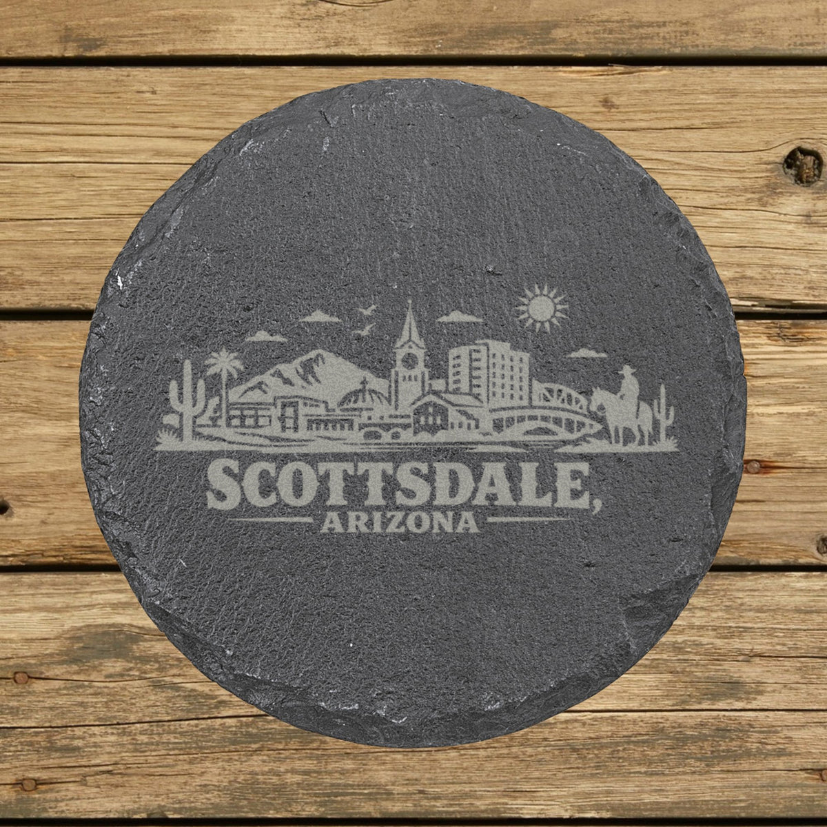 Round slate coaster laser engraved with the Scottsdale, Arizona skyline