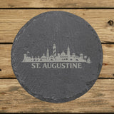 Round slate coaster laser engraved with the St. Augustine, Florida skyline