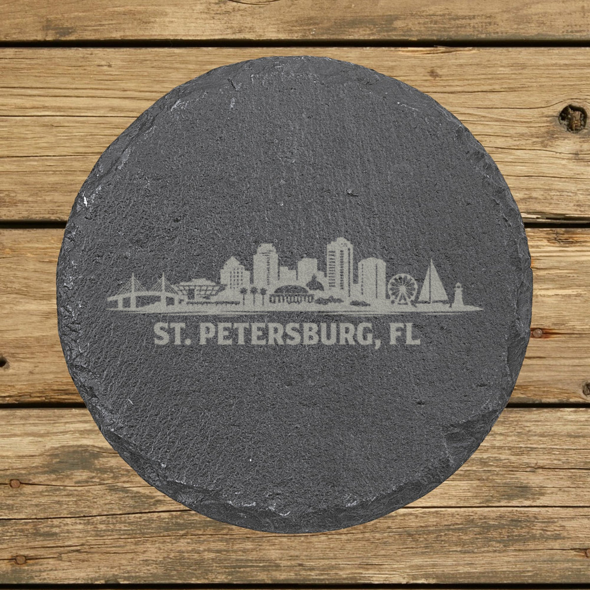 Round slate coaster laser engraved with the St. Petersburg, Florida skyline