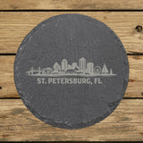 Round slate coaster laser engraved with the St. Petersburg, Florida skyline