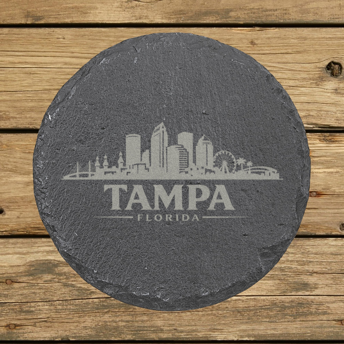 Round slate coaster laser engraved with the Tampa, Florida skyline