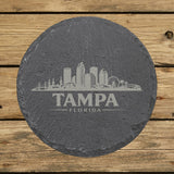 Round slate coaster laser engraved with the Tampa, Florida skyline