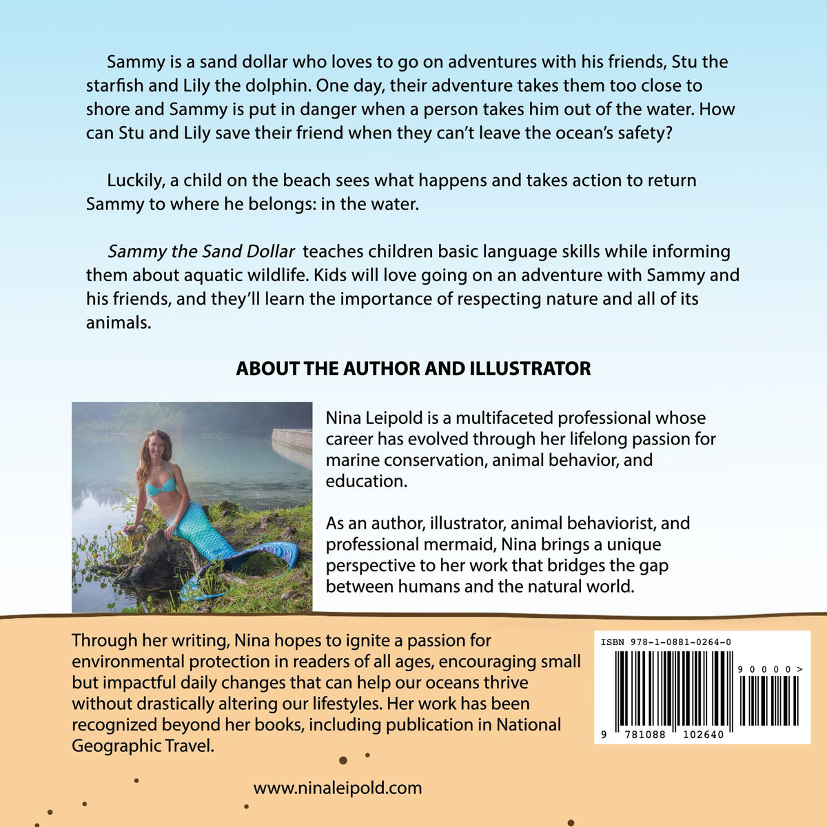 Sammy the Sand Dollar children's book back cover with story summary and author bio