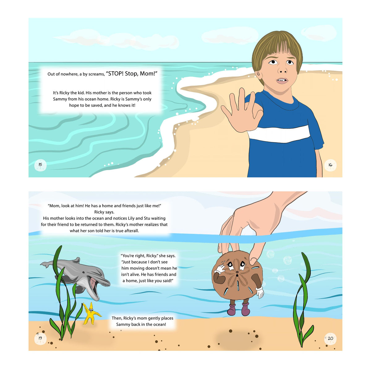 Inside pages of Sammy the Sand Dollar showing a boy on the beach holding a sand dollar