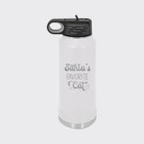 White 32 oz insulated water bottle laser engraved with "Santa's Favorite Cat"