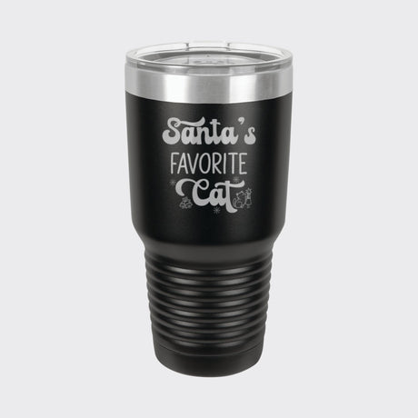 Black 30 oz tumbler laser engraved with "Santa's Favorite Cat"
