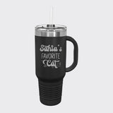 Black 40 oz tumbler with handle and straw laser engraved with "Santa's Favorite Cat"
