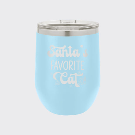 Light Blue 12 oz stemless wine tumbler laser engraved with "Santa's Favorite Cat"