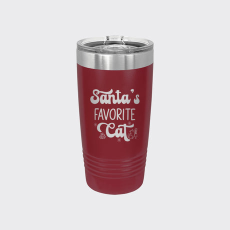 Maroon 20 oz tumbler laser engraved with "Santa's Favorite Cat"