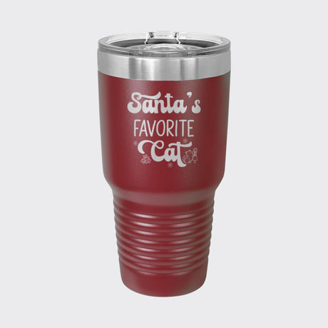 Maroon 30 oz tumbler laser engraved with "Santa's Favorite Cat"