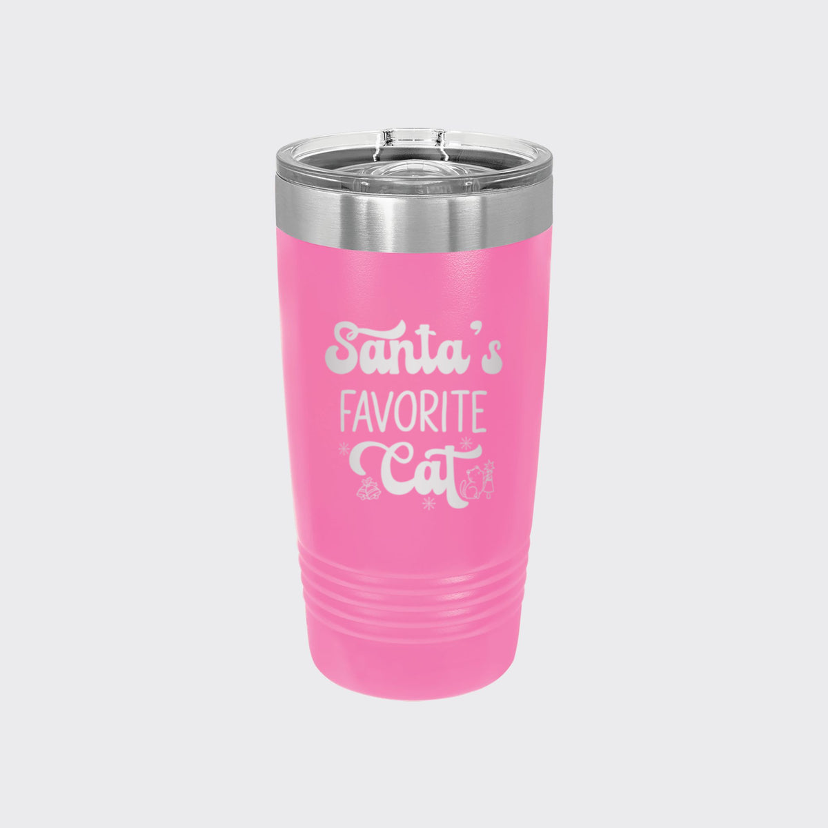 Pink 20 oz tumbler laser engraved with "Santa's Favorite Cat"