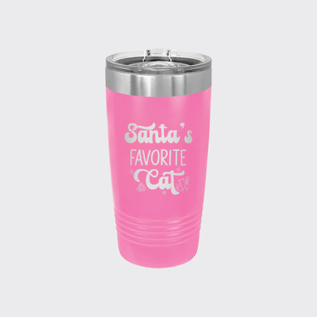 Pink 20 oz tumbler laser engraved with "Santa's Favorite Cat"