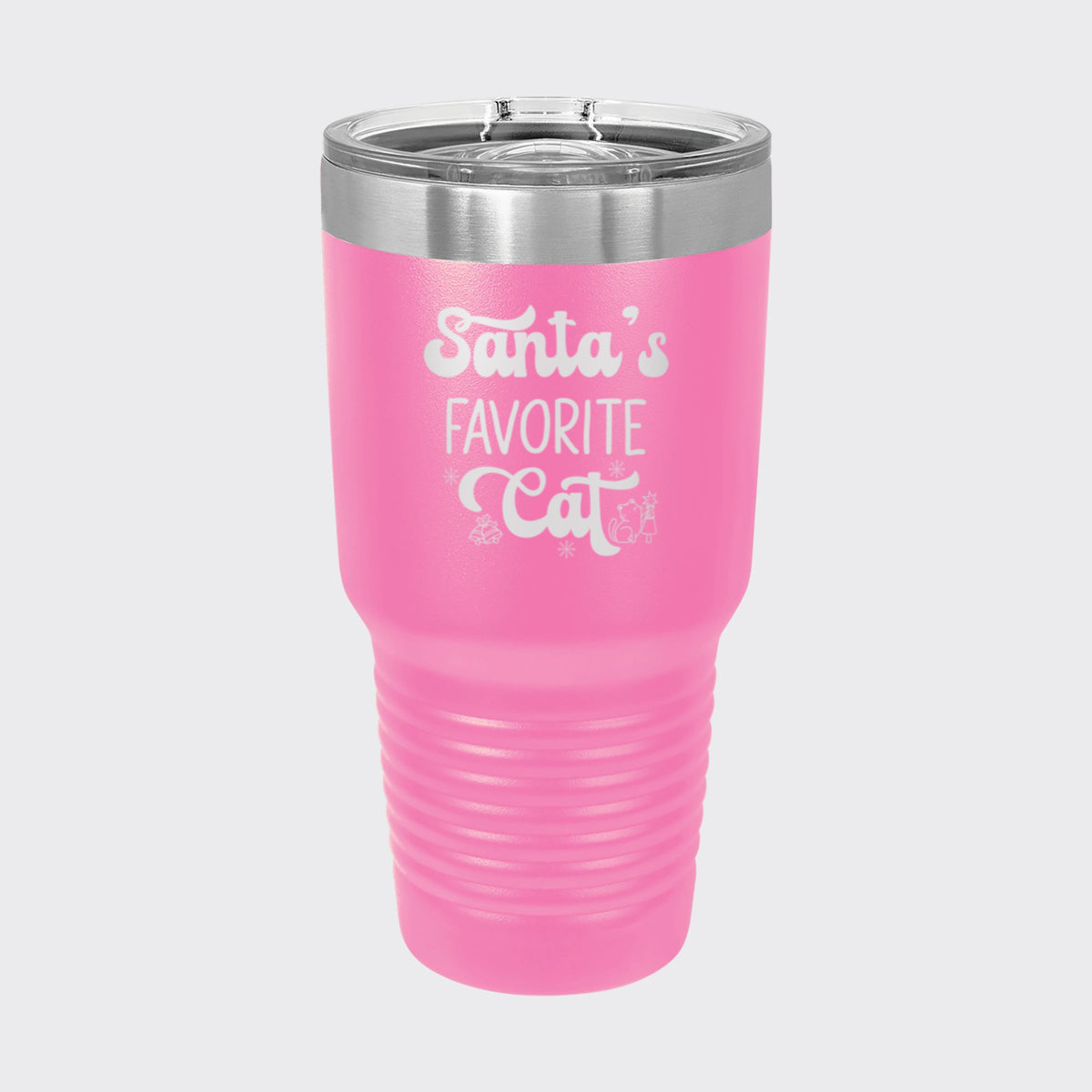 Pink 30 oz tumbler laser engraved with "Santa's Favorite Cat"