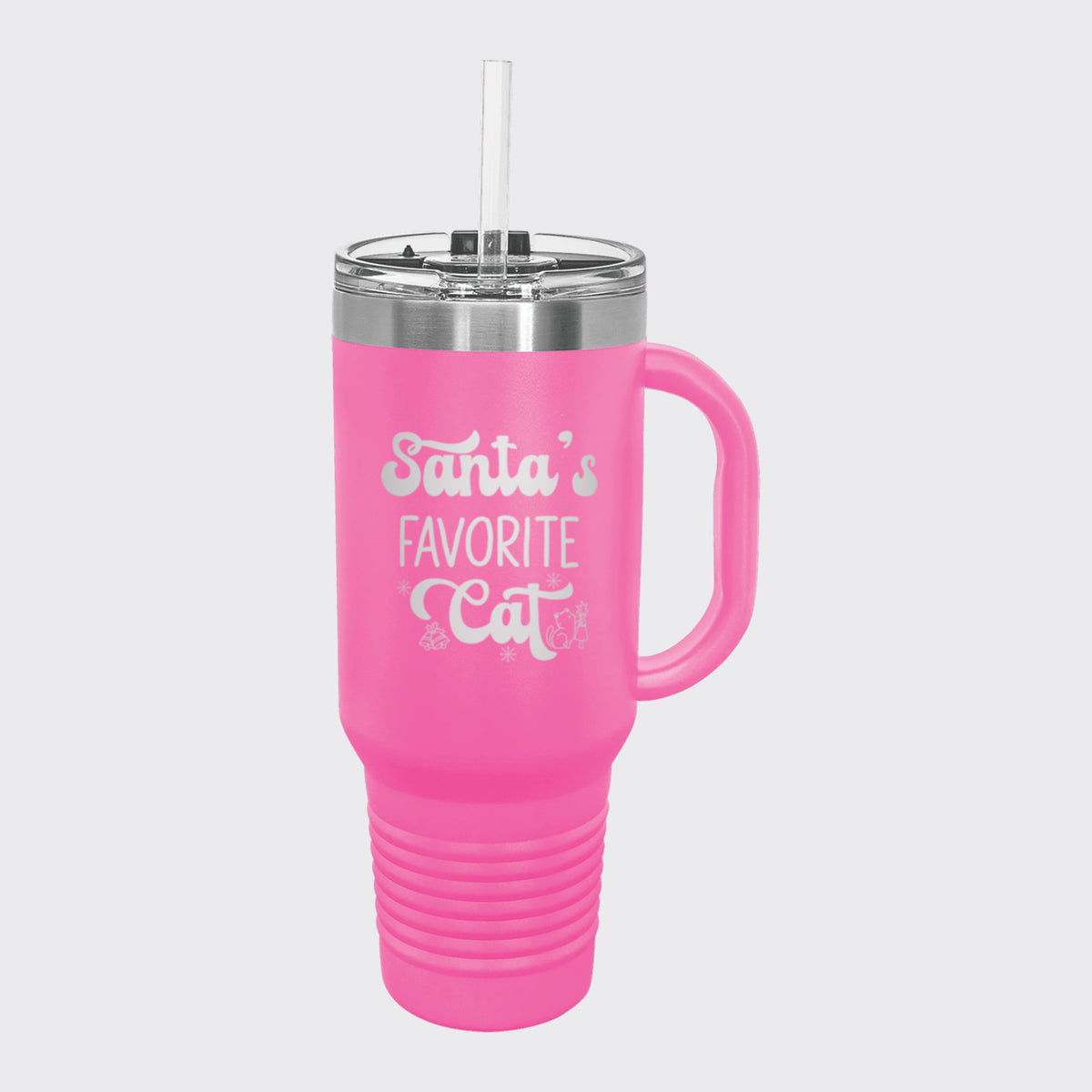 Pink 40 oz tumbler with handle and straw laser engraved with "Santa's Favorite Cat"