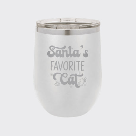 White 12 oz stemless wine tumbler laser engraved with "Santa's Favorite Cat"