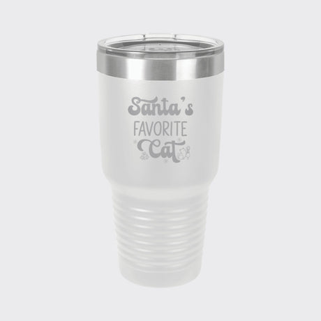 White 30 oz tumbler laser engraved with "Santa's Favorite Cat"
